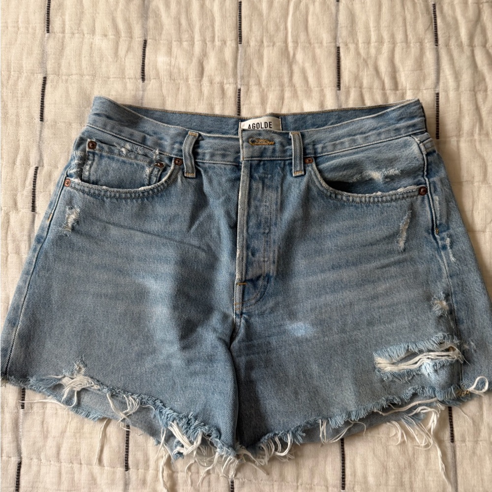 AGOLDE Parker Long Women’s Light Blue Distressed Denim Shorts